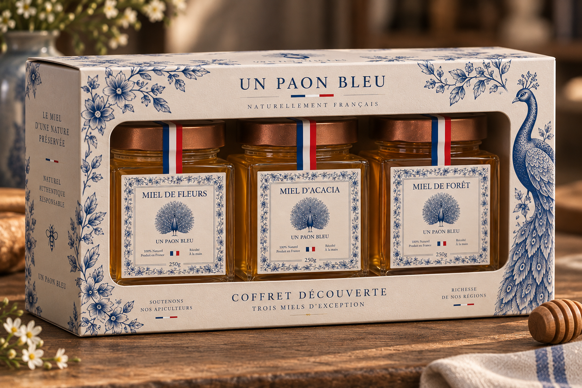 Coffret cadeau Un Paon Bleu : trois pots de miel d'Alsace dans une boîte rigide