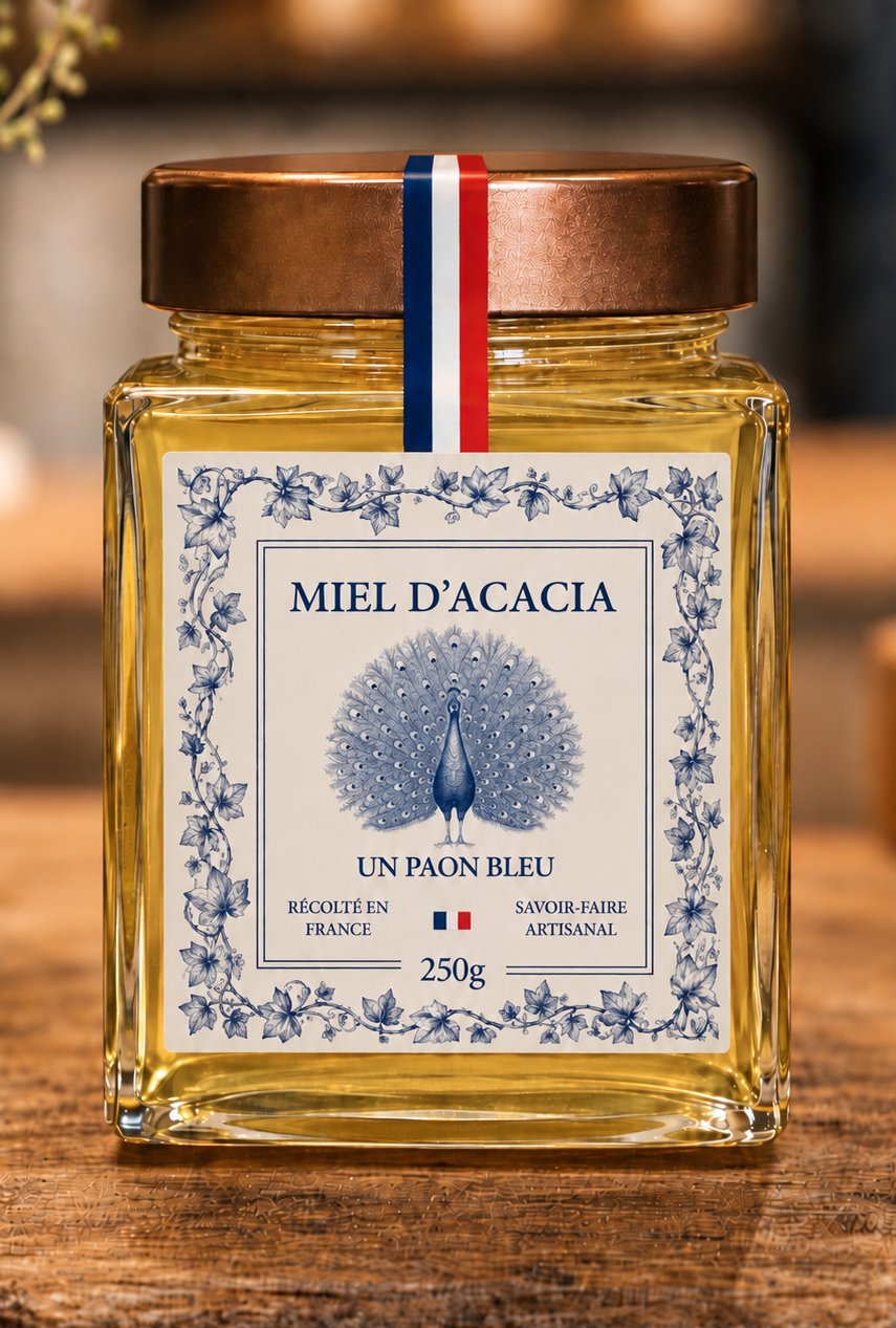 Pot de miel d'acacia d'Alsace Un Paon Bleu, couvercle cuivre